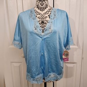 NWT Vintage Illusion Nylon & Lace Short Sleeve Button Up Sleep Top